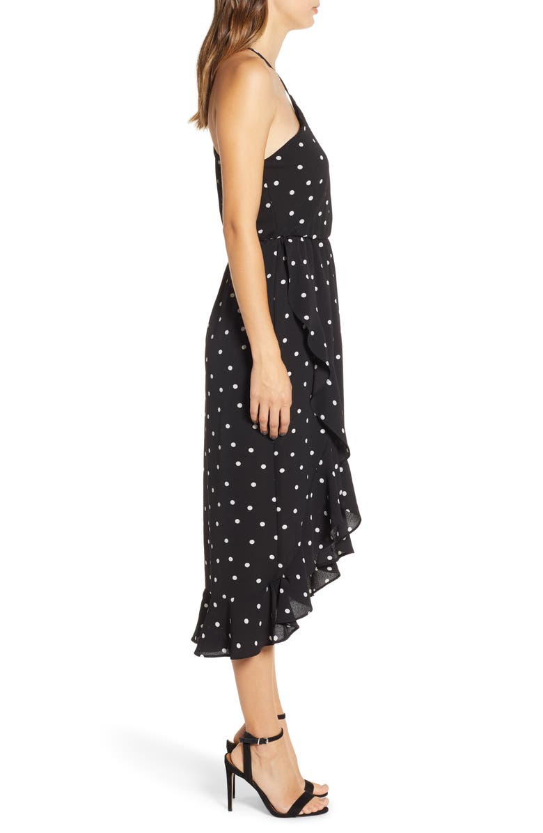 All in Favor Polka Dot Ruffle Trim Halter Dress, Alternate, color, 