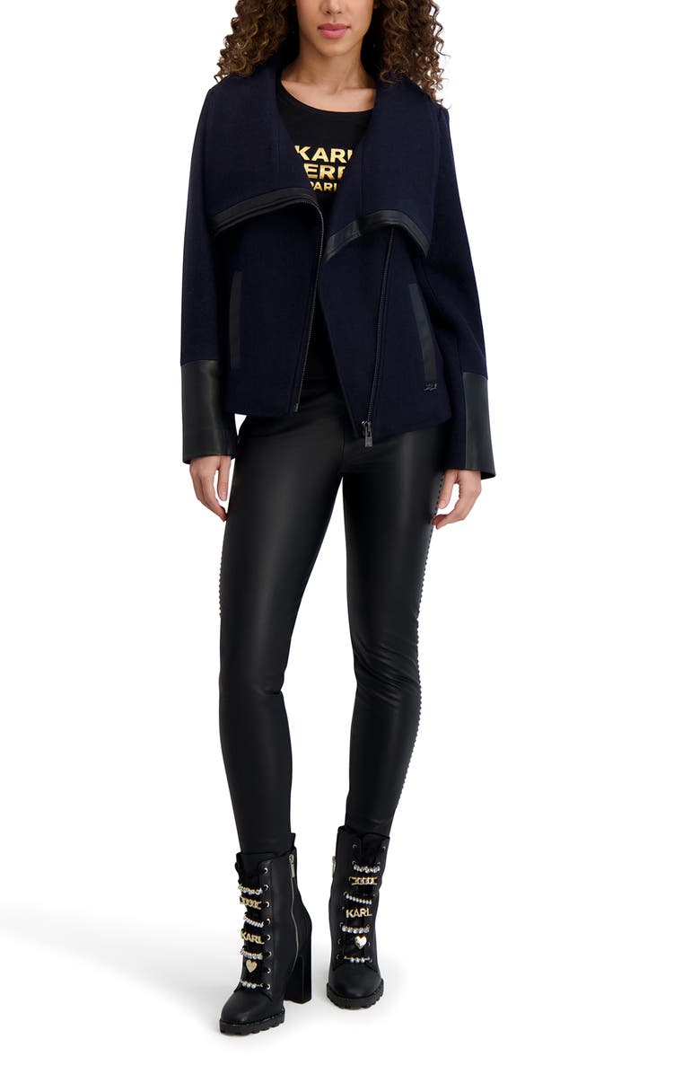 KARL LAGERFELD PARIS Wool Blend & Faux Leather Asymmetric Jacket, Alternate, color, Navy