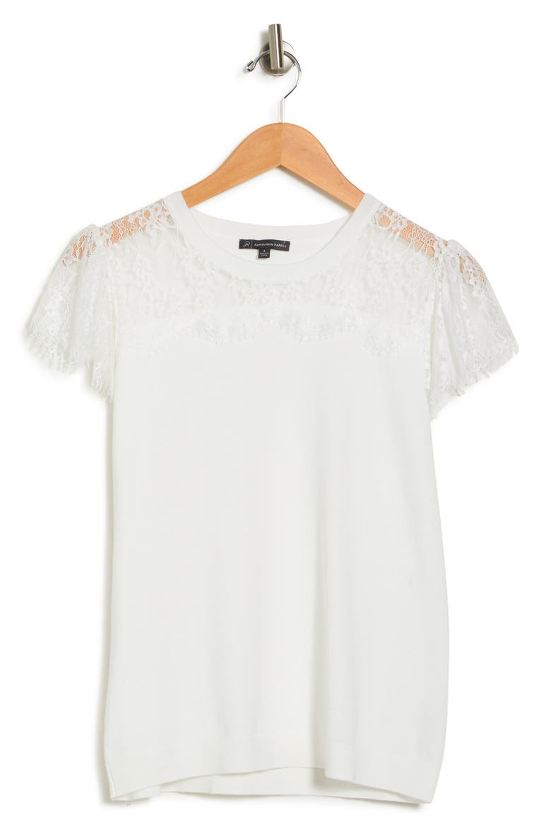 Lace Panel Mixed Media Short Sleeve Sweater, Alternate, color, IVORY