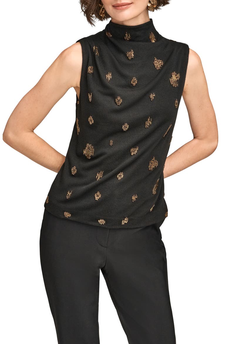 Embellished Ruched High Neck Sleeveless Knit Top, Main, color, BLACK
