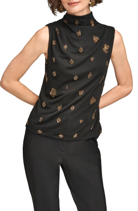 Embellished Ruched High Neck Sleeveless Knit Top