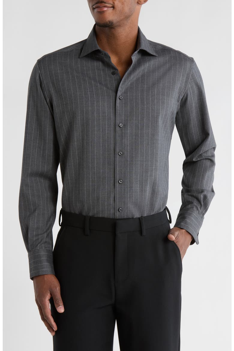 Modern Fit Fine Merino Wool Chalk Stripe Button Front Shirt, Main, color, GREY