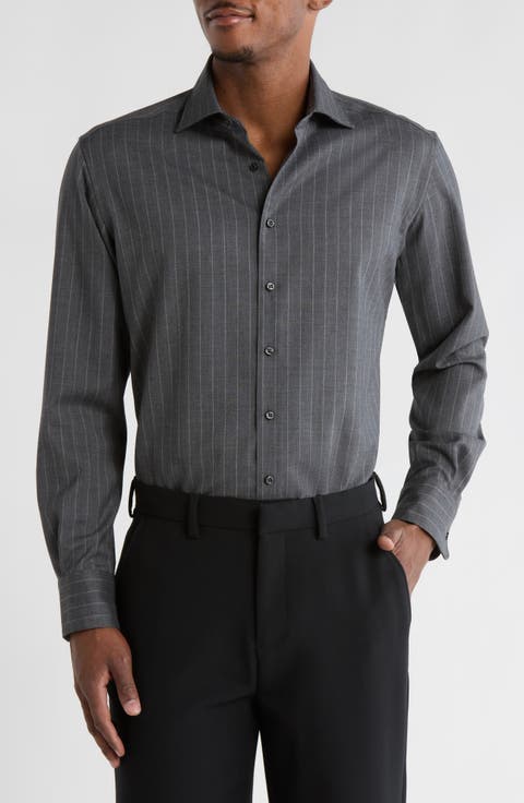 Modern Fit Fine Merino Wool Chalk Stripe Button Front Shirt