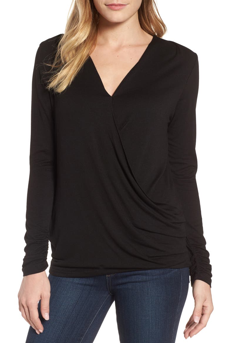 Faux Wrap Knit Top, Main, color, BLACK