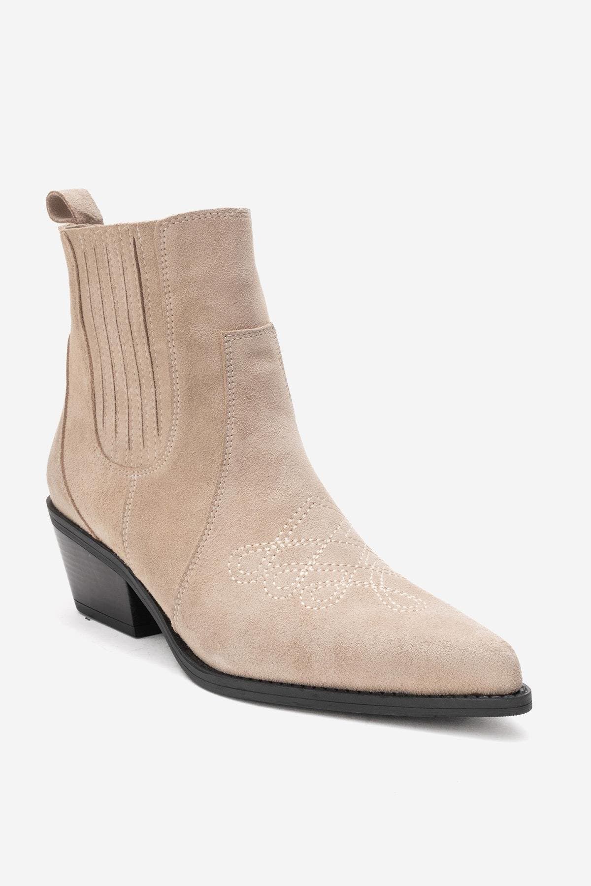 Julieta Leather Block Heel Western Boot, Alternate, color, Beige Suede