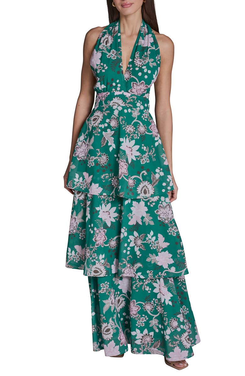 BCBG Floral Tiered Halter Maxi Dress, Main, color, Lush Green Multi