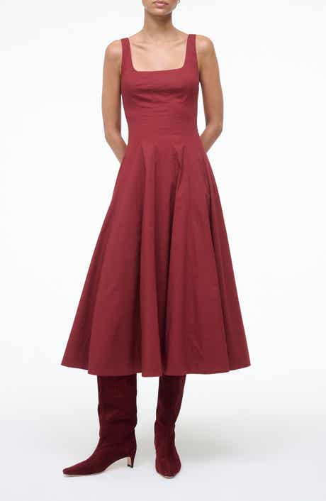 STAUD Wells Stretch Cotton Fit & Flare Midi Dress