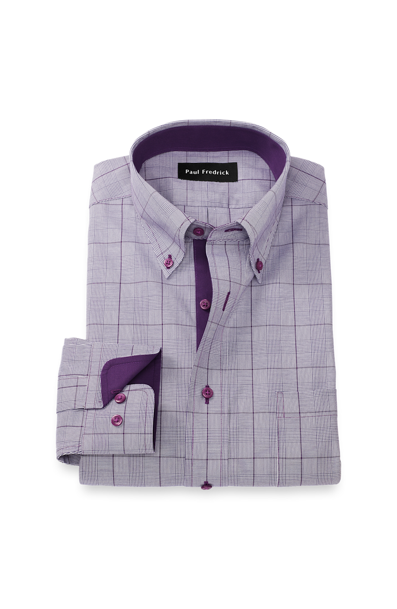 Paul Fredrick Tailored Fit Comfort Stretch Non-iron Glen Plaid Dress Shirt With Contrast Trim, Main, color, Purple