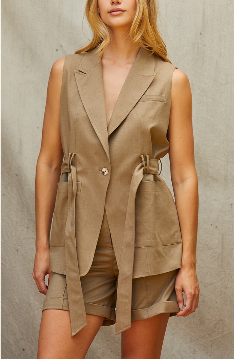 CRESCENT Belted Sleeveless Blazer, Alternate, color, Taupe