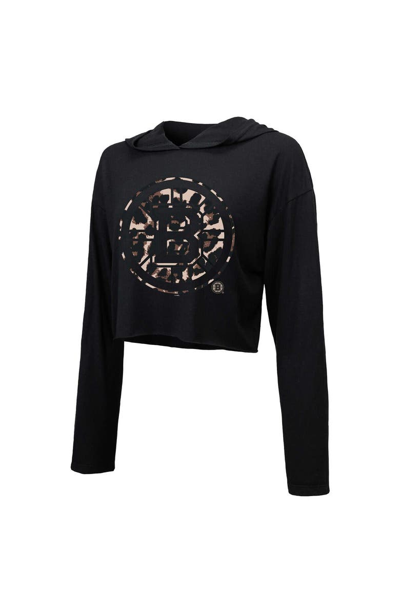 Majestic Threads Women's Majestic Threads David Pastrnak Black Boston Bruins Leopard Print Name & Number Cropped Pullover Hoodie, Alternate, color,