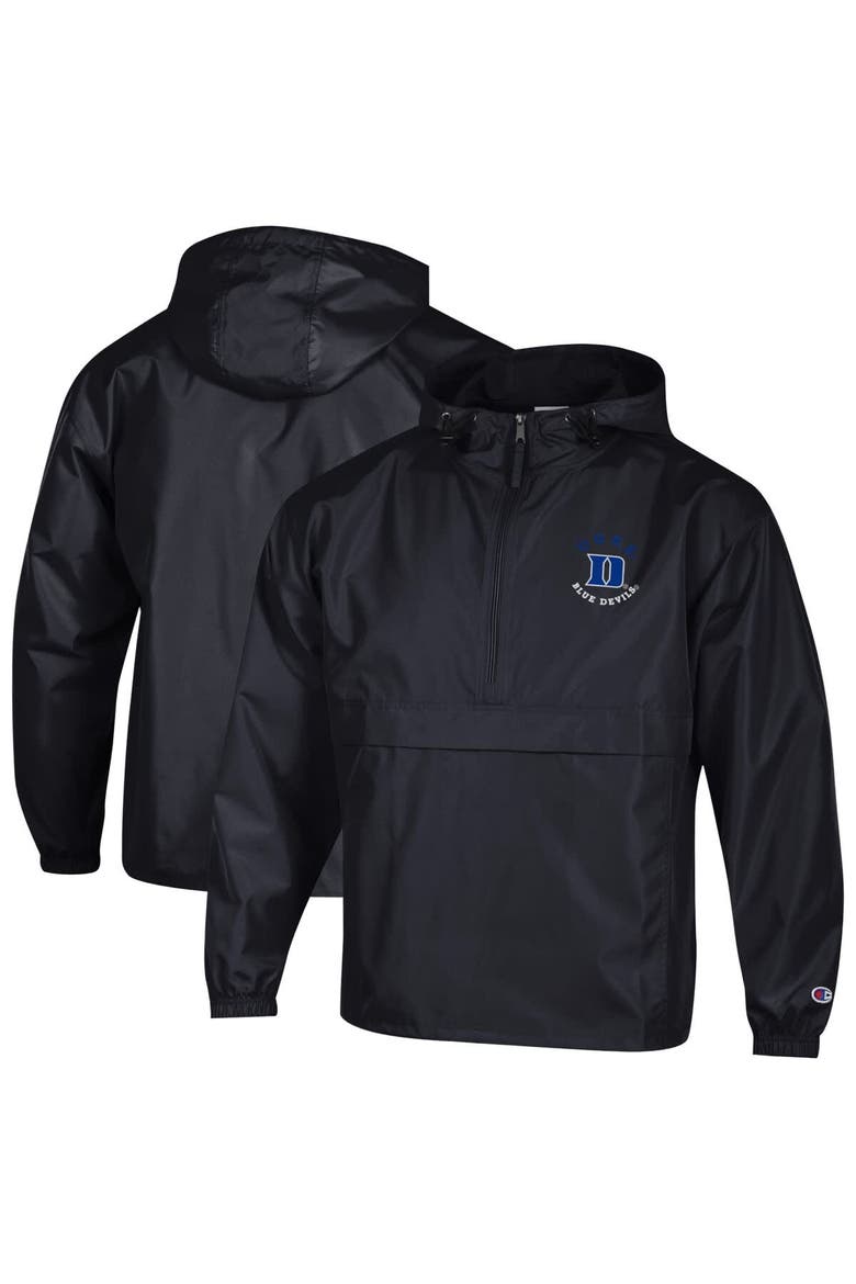 Men's Champion  Black Duke Blue Devils Packable Hooded Windbreaker Half-Zip Jacket, Main, color, Black