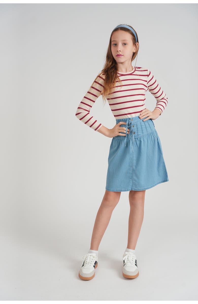 Pinky Promise Button Denim Elastic Waist Tiered Shirring Skirt, Alternate, color, Light Denim