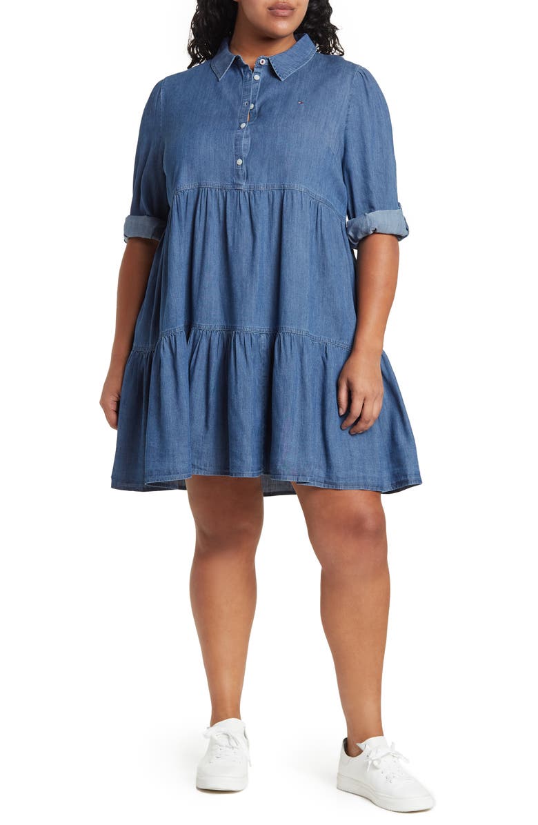 Tommy Hilfiger Ruffle Hem Chambray Shirt Dress, Main, color,