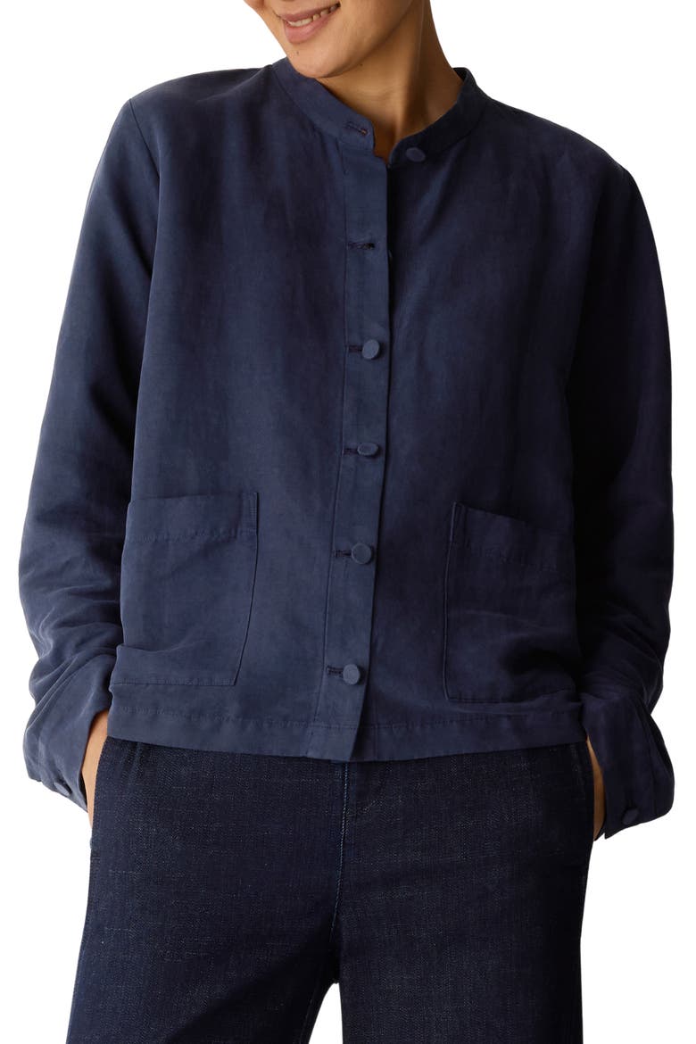 Mandarin Collar Organic Linen & Silk Twill Jacket, Main, color, INK