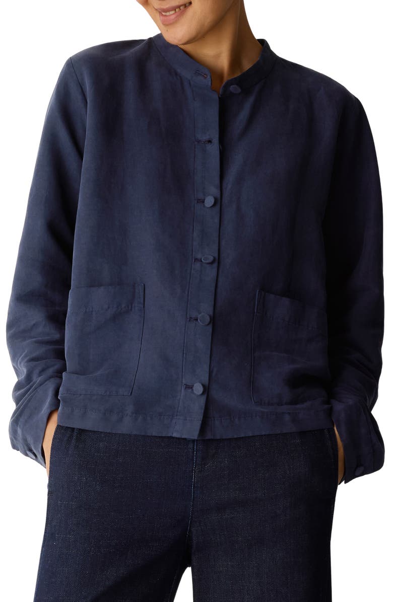 Eileen Fisher Mandarin Collar Organic Linen & Silk Twill Jacket, Main, color, Ink