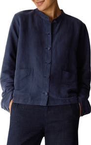 Eileen Fisher Mandarin Collar Organic Linen & Silk Twill Jacket