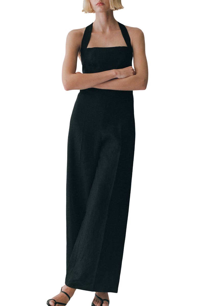 MANGO Halter Linen Jumpsuit, Main, color, 