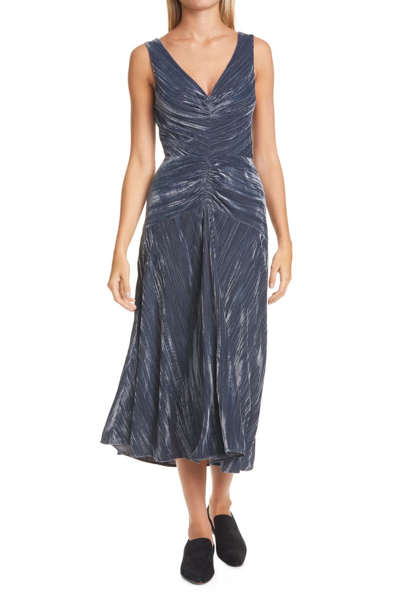 Ruched Textured Velvet Sleeveless Dress, Main, color, AZURE