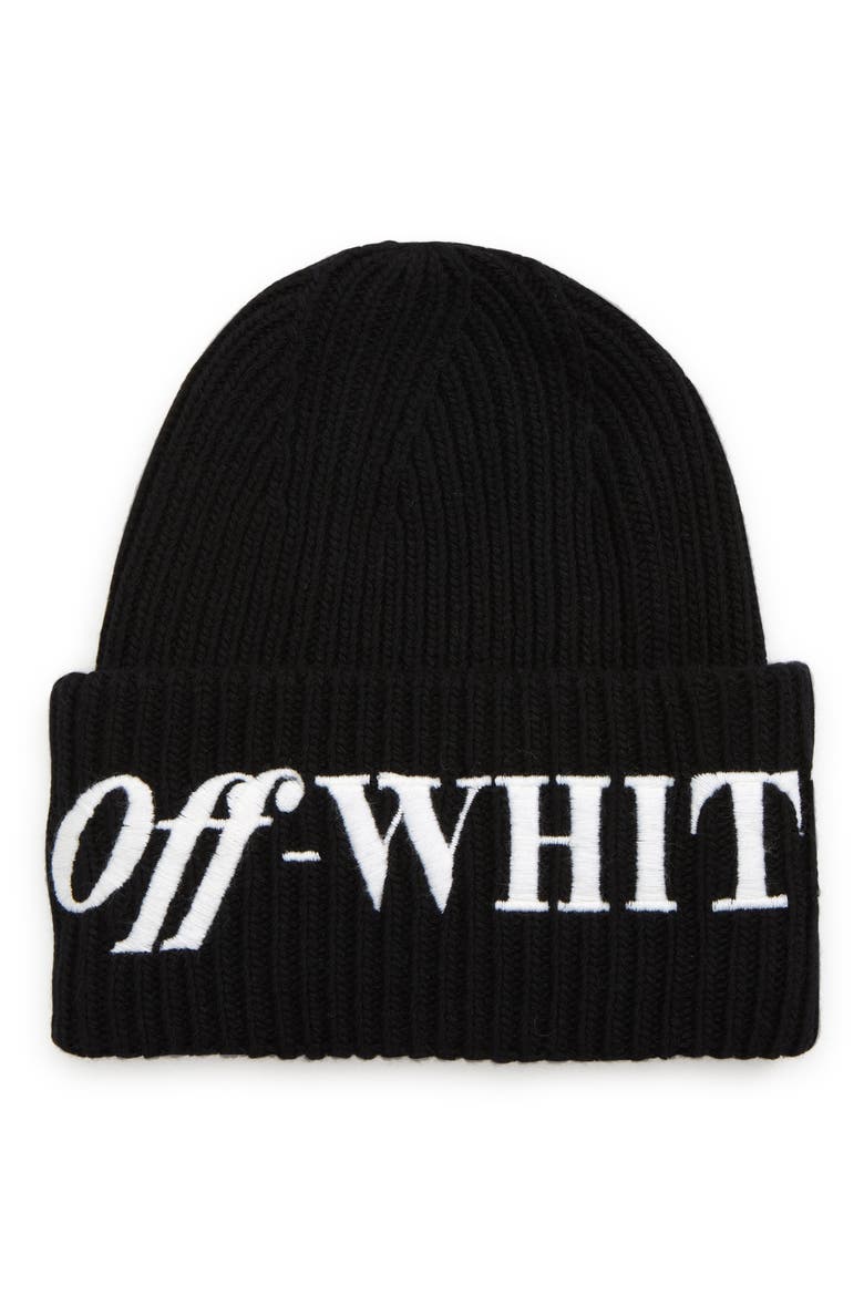 Logo Embroidered Wool Beanie, Main, color, BLACK WHITE