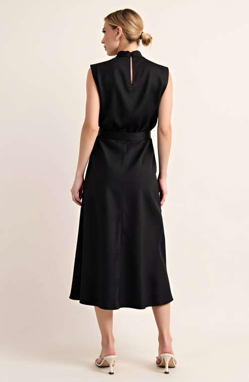 Modenaire Sleeveless Mock Neck Midi Dress With Waist Tie And Flared Hem In Black