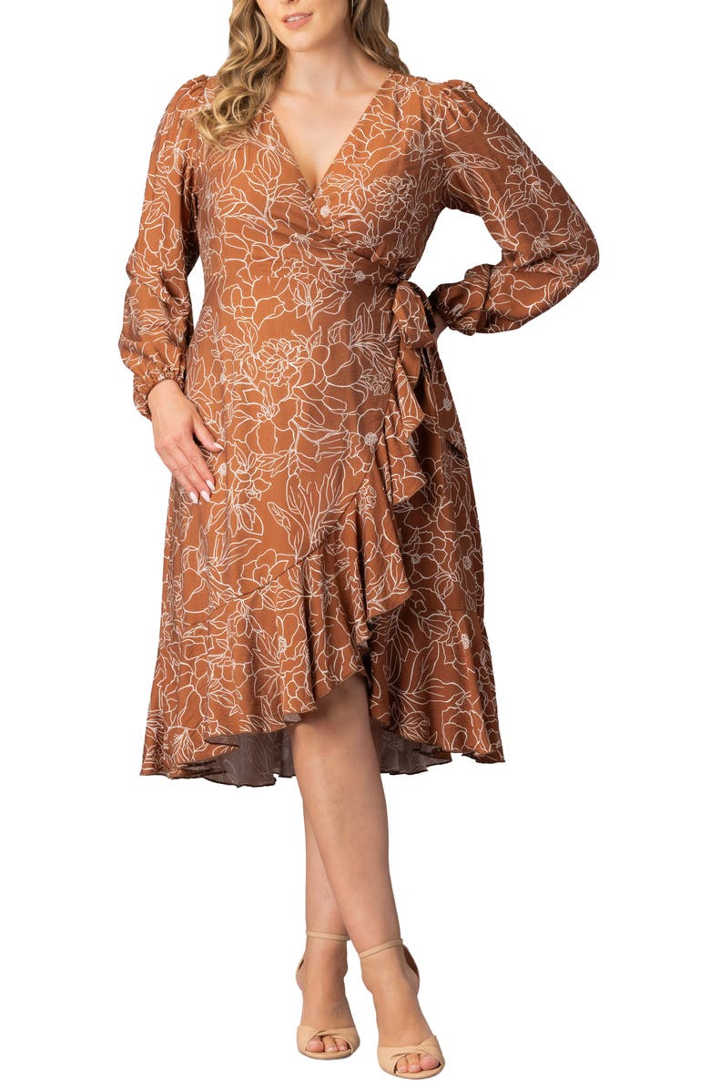 Kiyonna Julia Long Sleeve Midi Wrap Dress, Main, color, Chocolate Floral Print