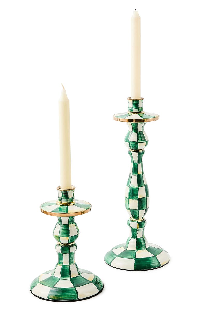 MACKENZIE CHILDS Emerald Check Small Enameled Steel Candleholder, Alternate, color, Emerald