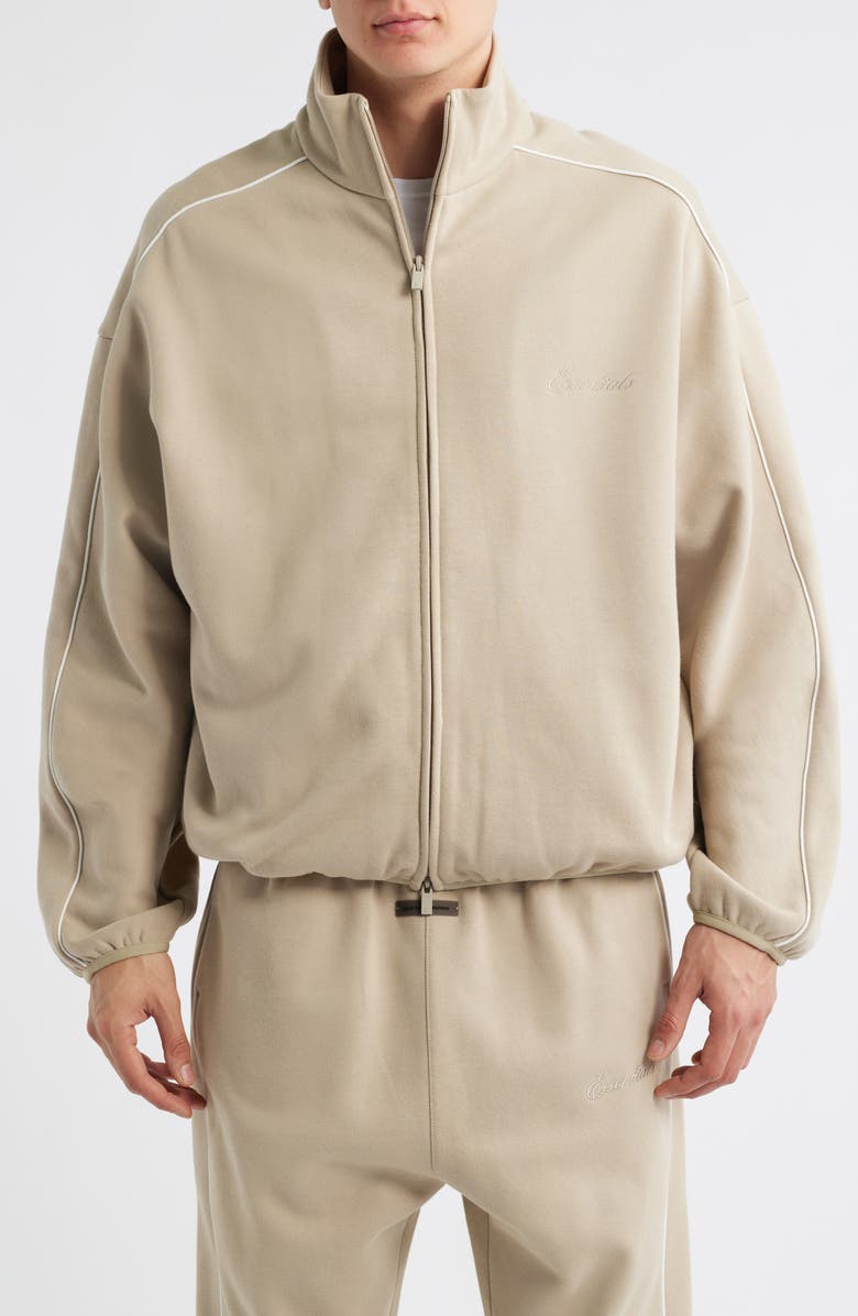 Fear of God Essentials Modern Fit Fleece Track Jacket, Alternate, color, Timber/ Cloud White
