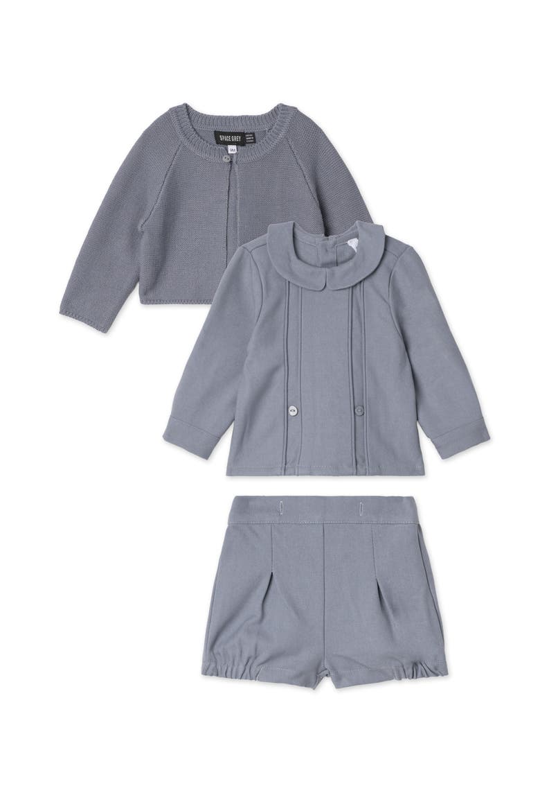 3 Piece Set, Collared Long Sleeve Shirt, Shorts and Knit Cardigan, Main, color, Blue