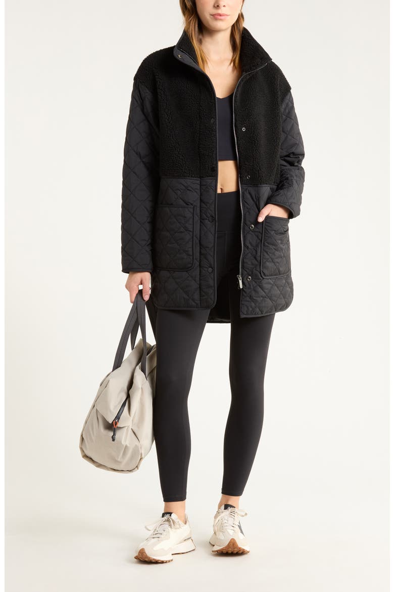 Faux Shearling Hybrid Quilted Long Jacket, Alternate, color, BLACK