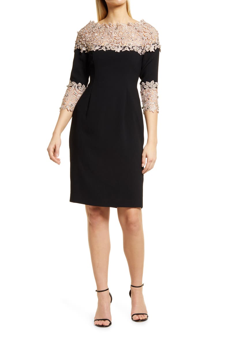 Crepe & Lace Sheath Dress, Main, color, BLACK/ GOLD