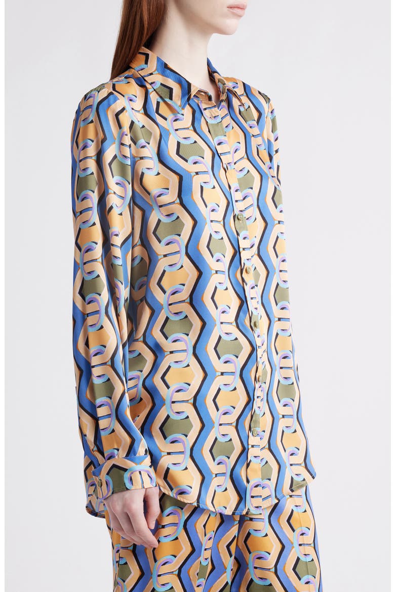 Geo Print Satin Button-Up Shirt, Alternate, color, BLUE CHAINS