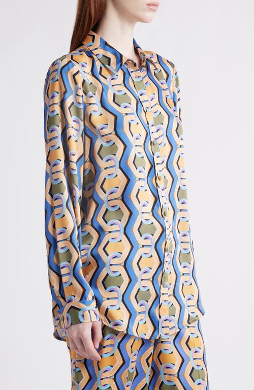 Tahari Asl Geo Print Satin Button-up Shirt In Blue Chains