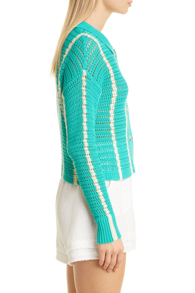 Vertical Stripe Organic Cotton Crochet Cardigan, Alternate, color, PEACOCK GREEN/ BUTTERCREAM