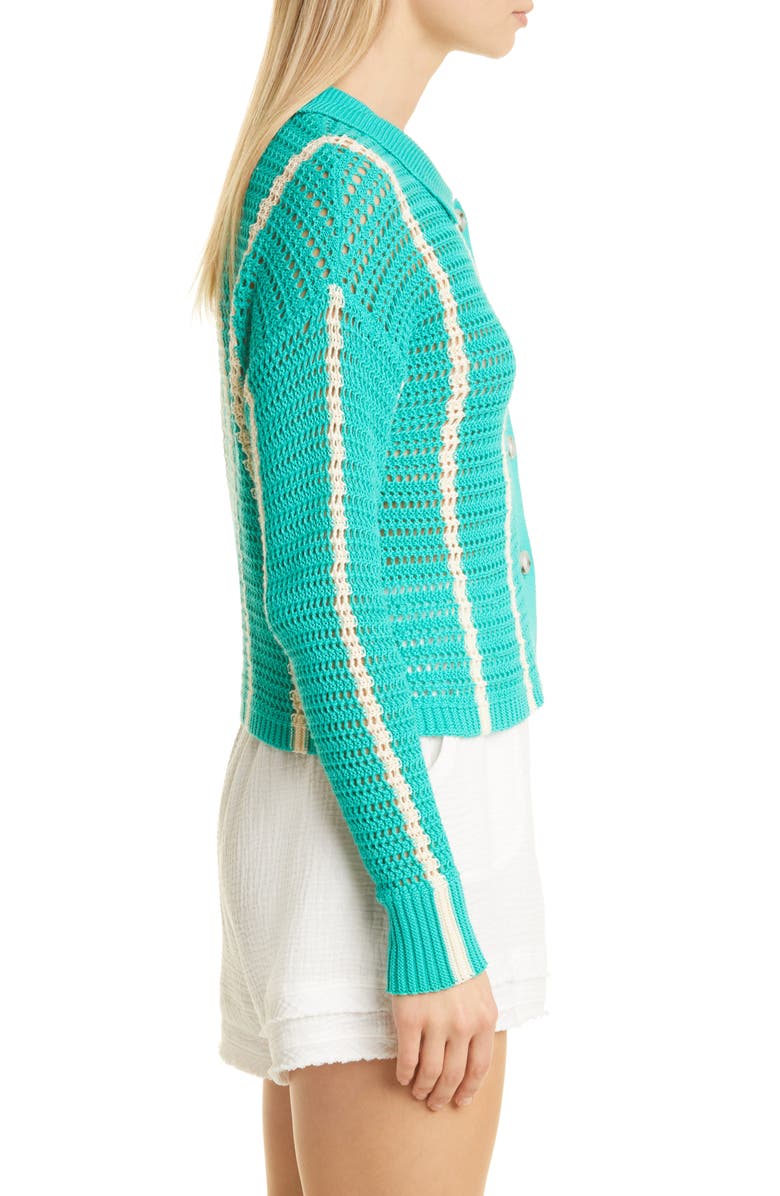 Monrow Vertical Stripe Organic Cotton Crochet Cardigan, Alternate, color, Peacock Green/ Buttercream