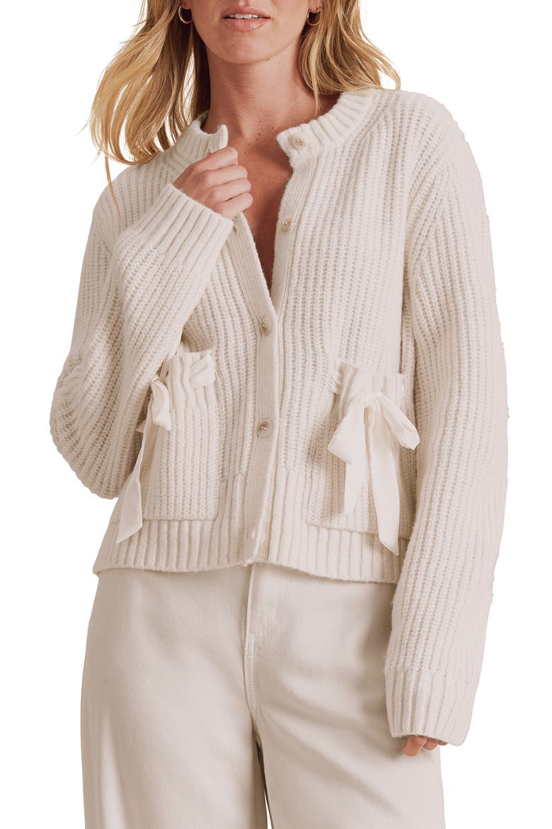 Selena Bow Packet Cardigan, Main, color, PALE OAK BEIGE HEATHER