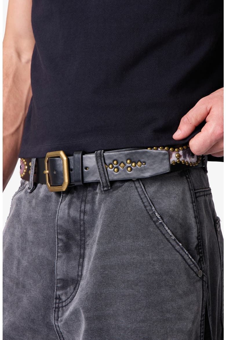 Mojave Cow Print Leather Belt, Alternate, color, BLACK/ COW PRINT
