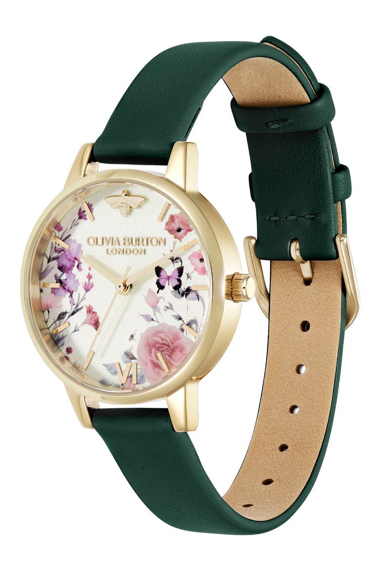 Illustrated Floral Leather Strap Watch, 30mm, Alternate, color, IVORY/GREY