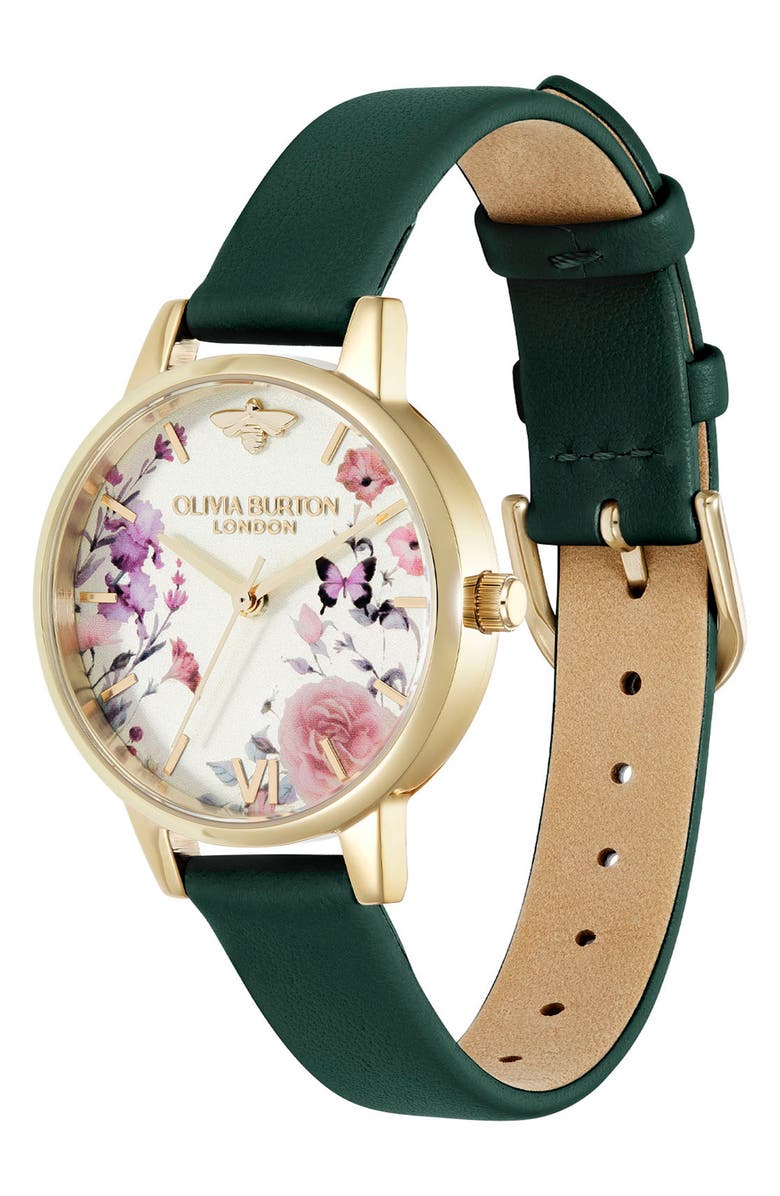 Olivia Burton Illustrated Floral Leather Strap Watch, 30mm, Alternate, color, Ivory/Grey