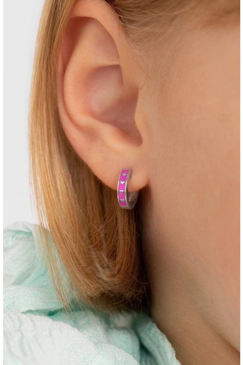 Pink Hearts Girls Huggie Hoops, Alternate, color, Pink