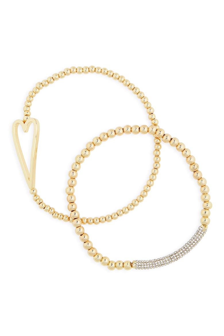 Pisa Set of 2 Heart & Pavé Crystal Beaded Stretch Bracelets, Main, color, GOLD