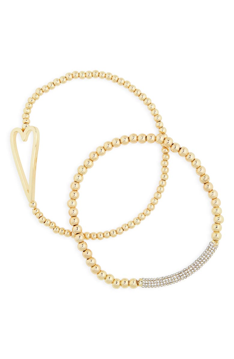 BaubleBar Pisa Set of 2 Heart & Pavé Crystal Beaded Stretch Bracelets, Main, color, Gold