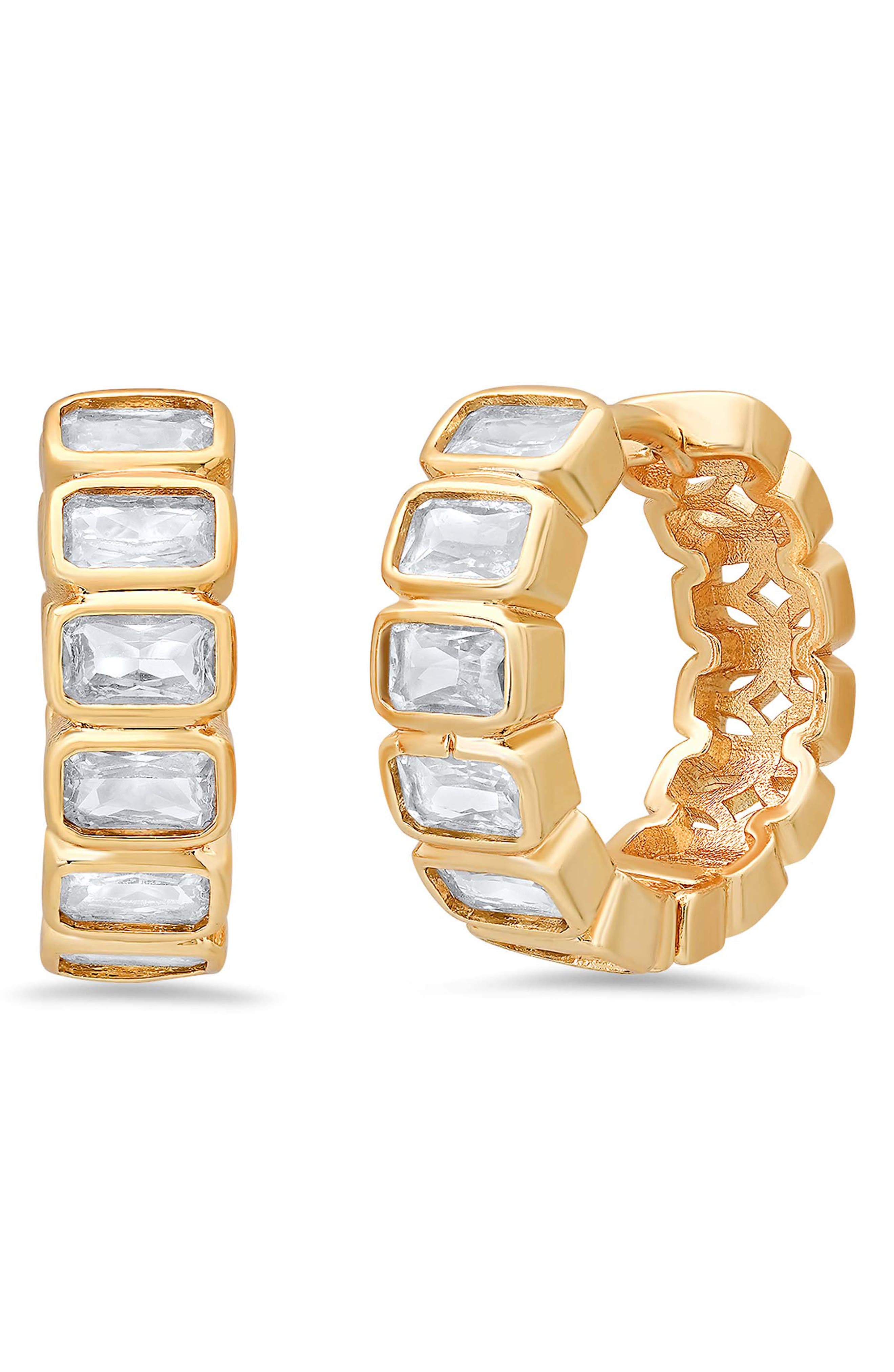 Baguette Cubic Zirconia Huggie Hoop Earrings