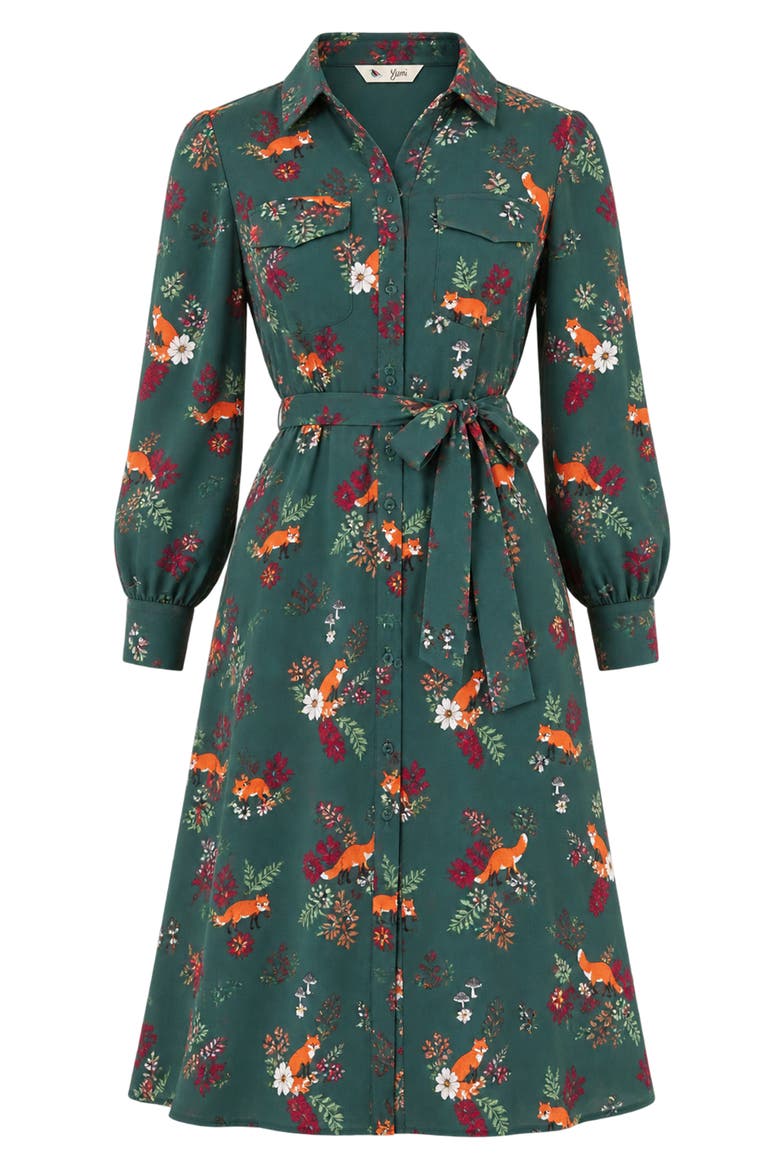 Fox Print Shirt Midi Dress, Alternate, color, Green
