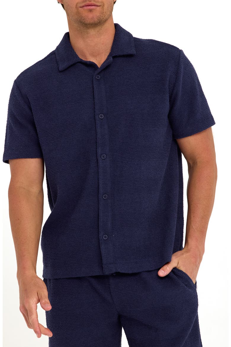 Archer Stripe Jacquard Short Sleeve Terry Cloth Button-Up Shirt, Main, color, STARGAZER