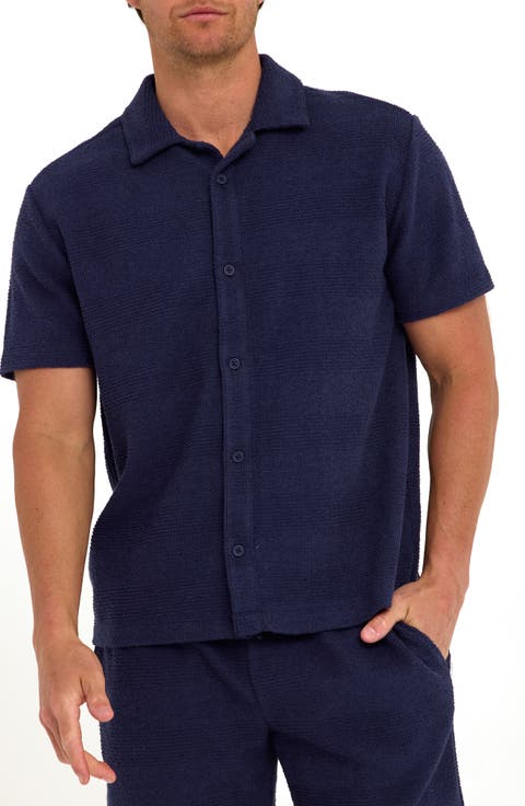 Archer Stripe Jacquard Short Sleeve Terry Cloth Button-Up Shirt