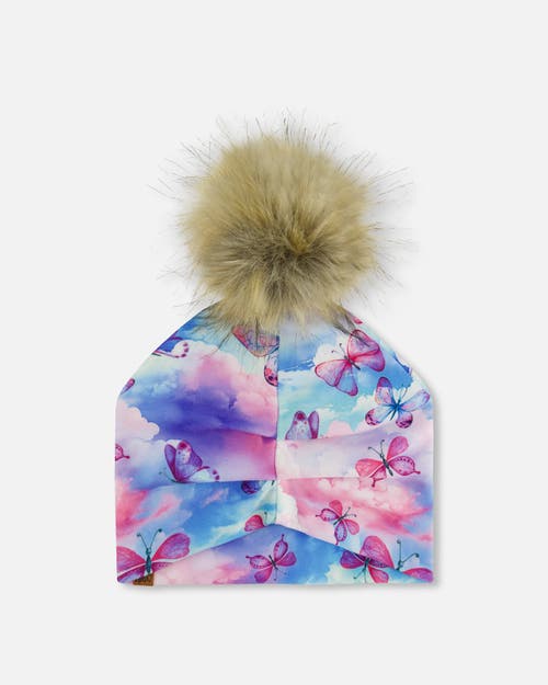 Deux Par Deux Baby Girl's Printed Jersey Detachable Pompom Hat Butterflies On Multicolored Backgroun In Butterflies On Multicolored