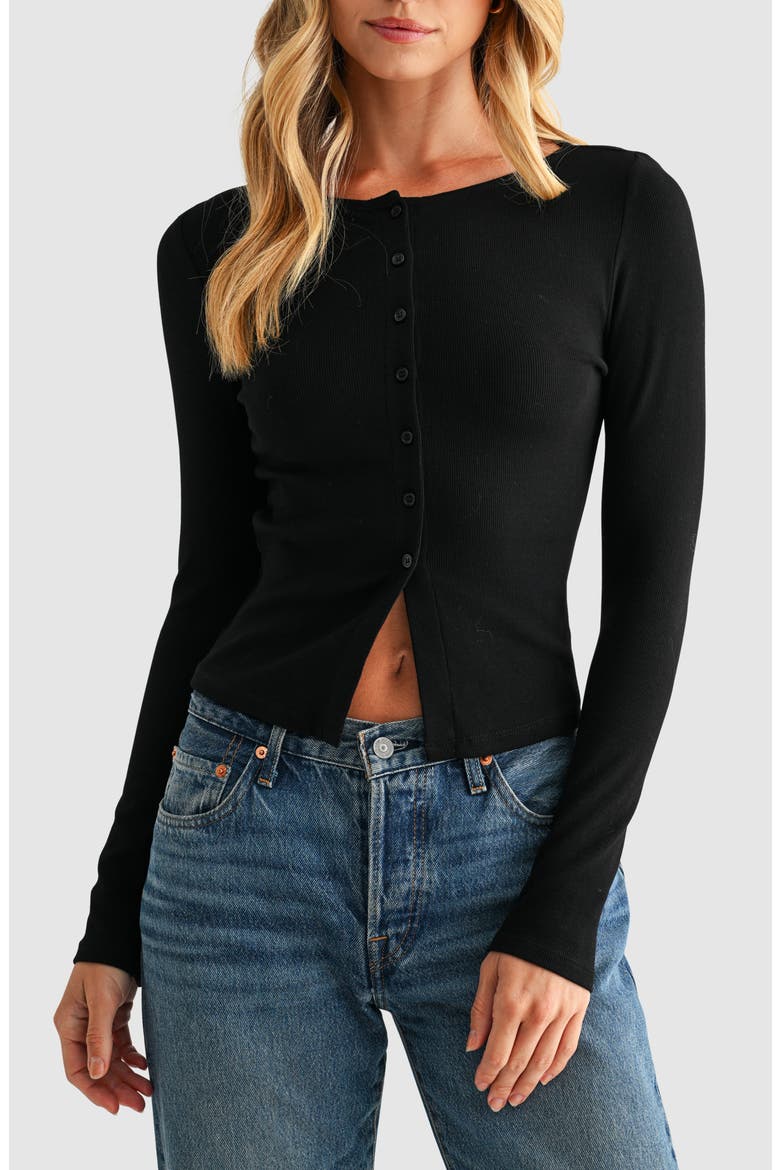 Long Sleeve Button Front Crop Top, Main, color, BLACK