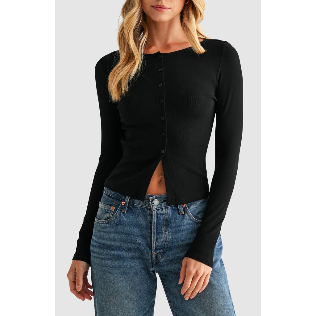 Lush Long Sleeve Button Front Crop Top In Black