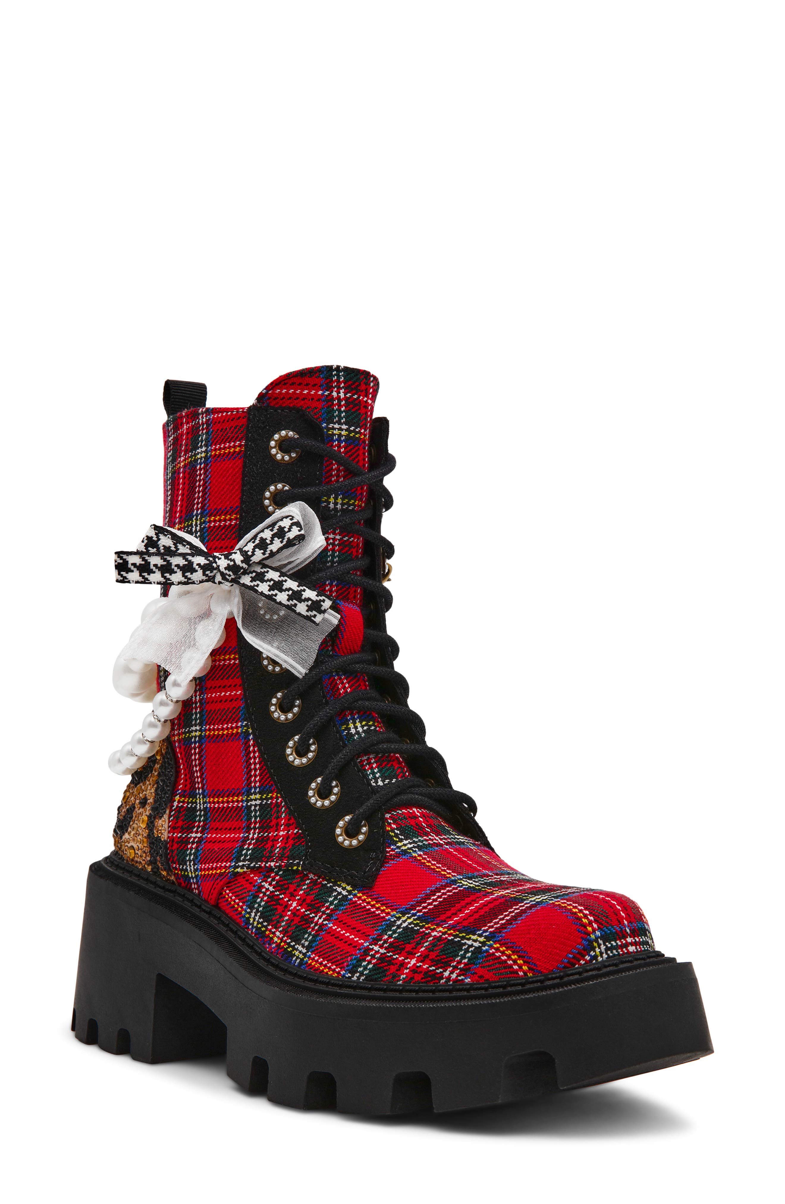 Betsey Johnson Hariett Combat Boot, Main, color, Red Plaid