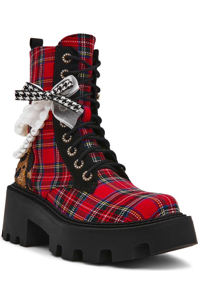 Betsey Johnson Hariett Combat Boot, Main, color, Red Plaid